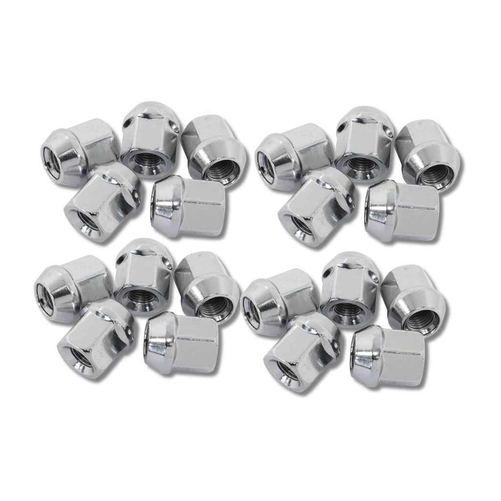 Set of chrome metal valve stem caps on a white background