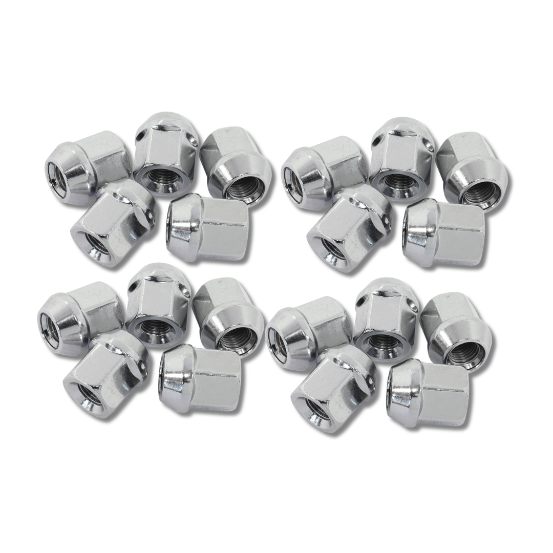 Set of chrome metal valve stem caps on a white background